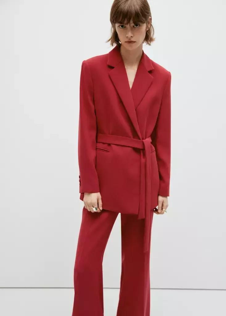 Red Double-Breasted Belted Suit Blazer, Red, large image number 2