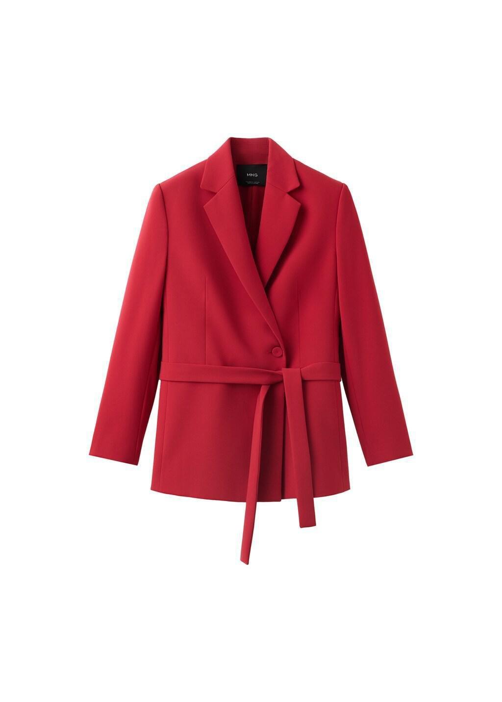 Red Double-Breasted Belted Suit Blazer, Red, large image number 4