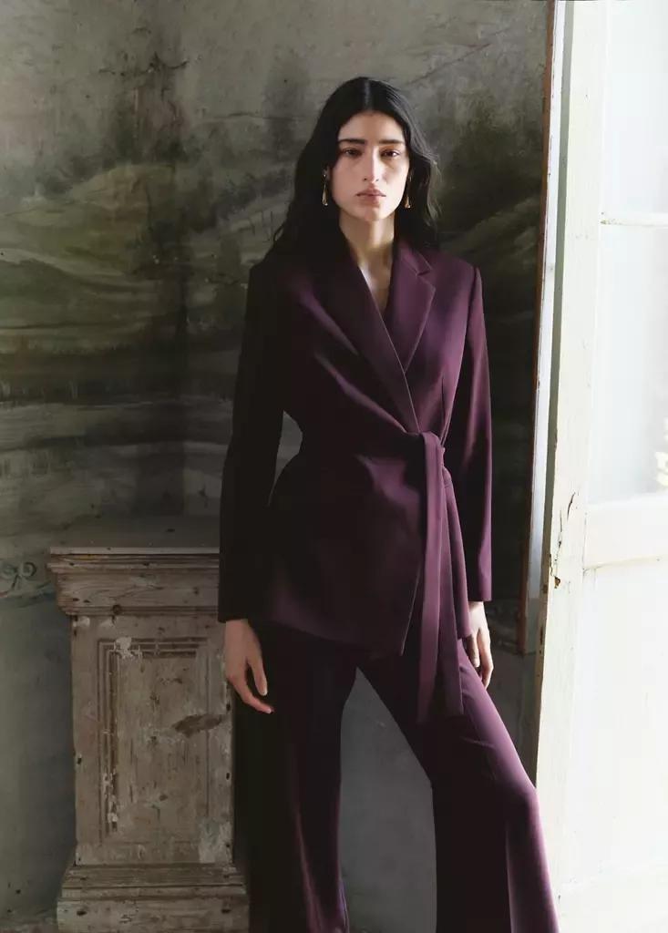 Red Double-Breasted Belted Suit Blazer, Dark Red, medium