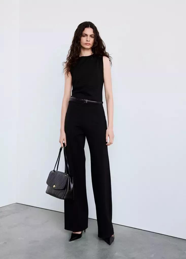 Black Belted Jumpsuit With Ruched Details, Black, medium