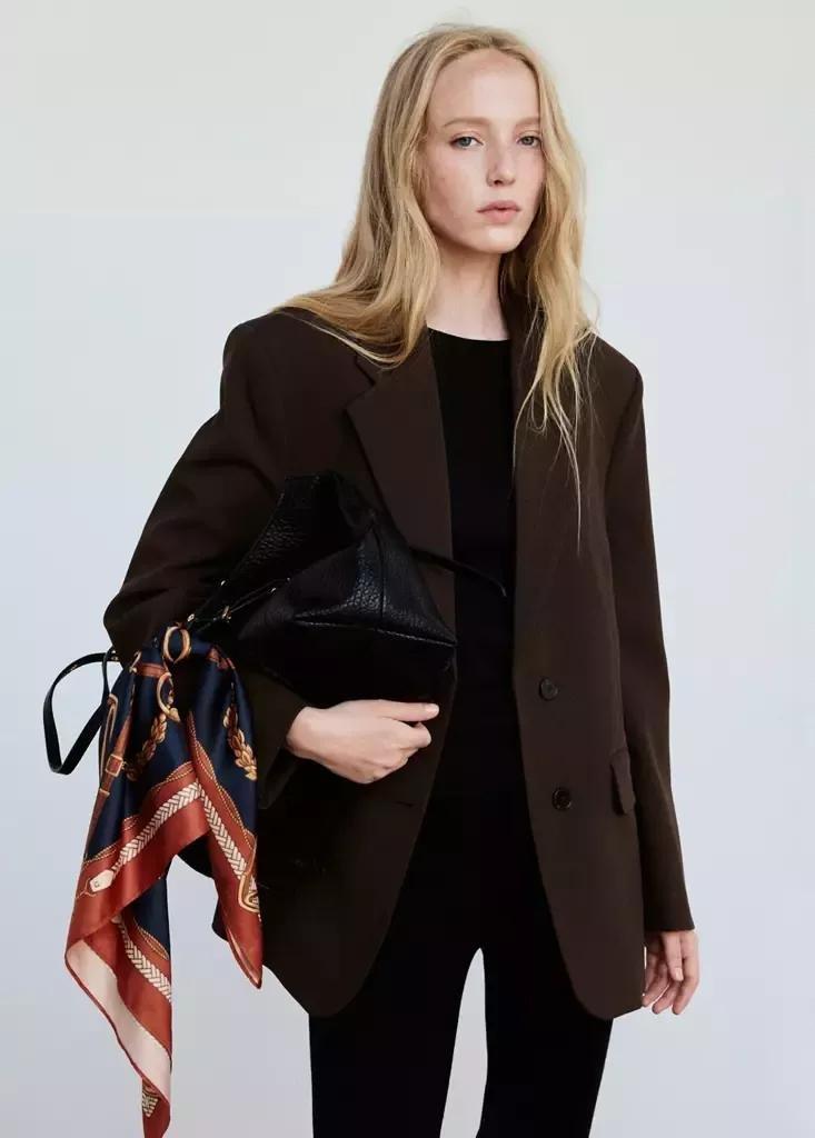 Brown Straight Blazer With Flap Pockets, Brown, medium