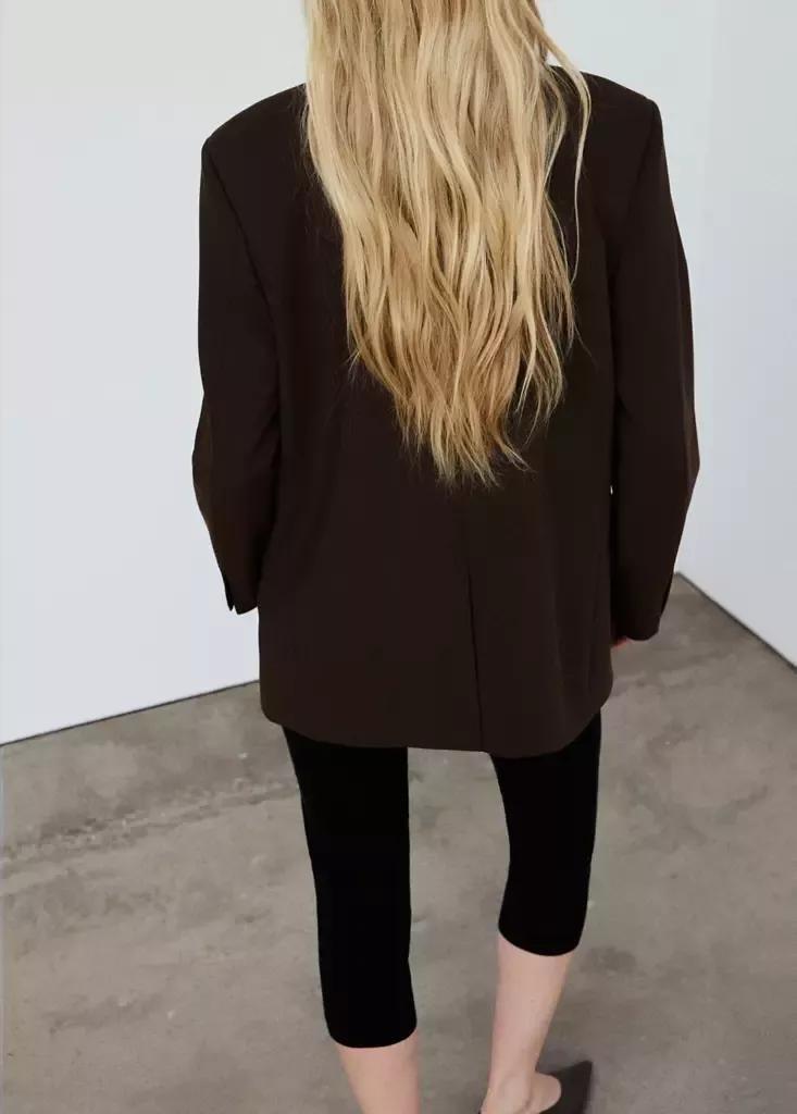 Brown Straight Blazer With Flap Pockets, Brown, large image number 2