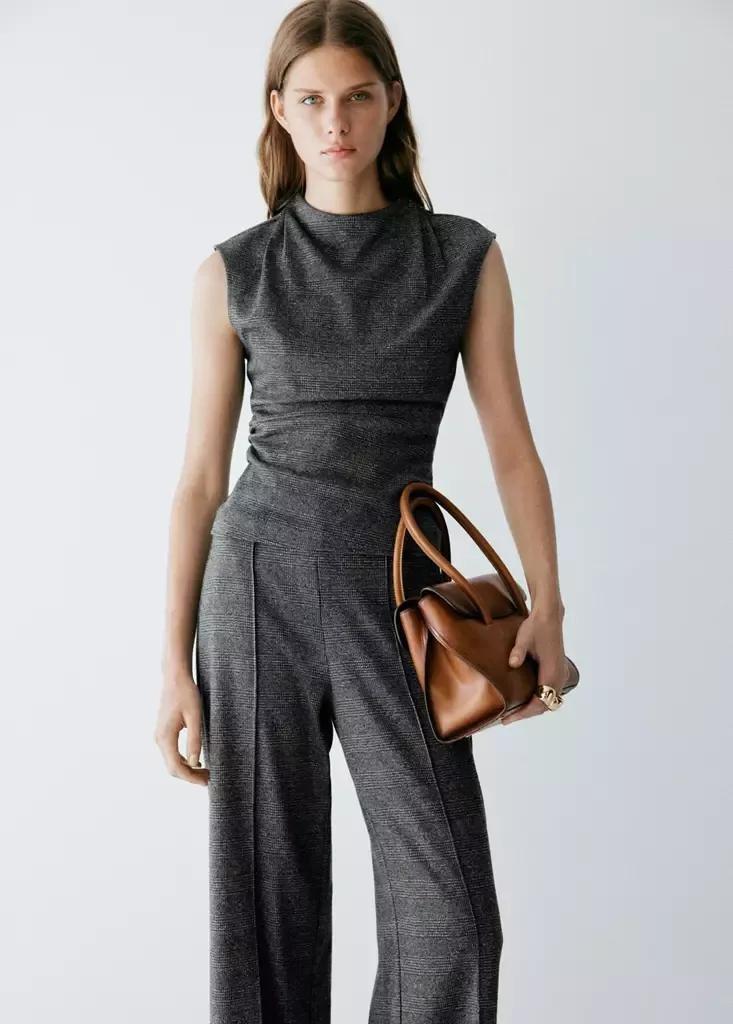 Black Straight Checked Trousers, Black, large image number 1