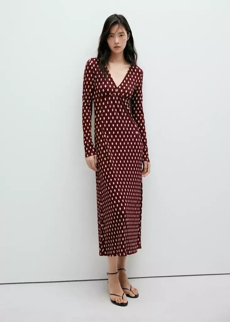 Red V-Neck Polka Dot Dress, Dark Red, medium