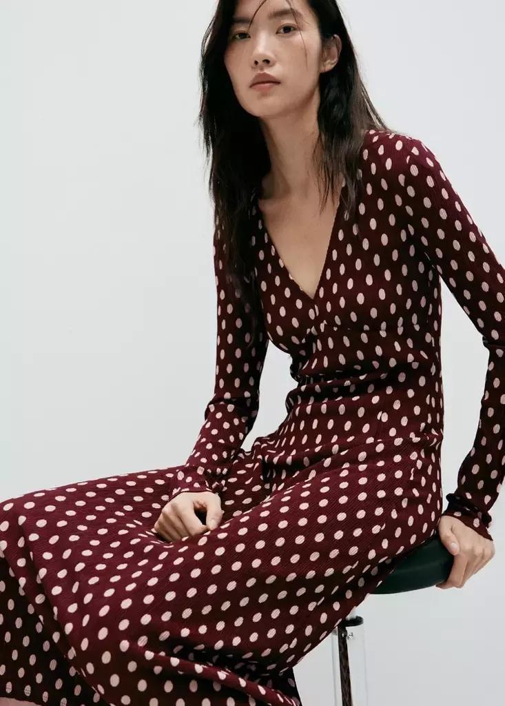 Red V-Neck Polka Dot Dress, Dark Red, large image number 1