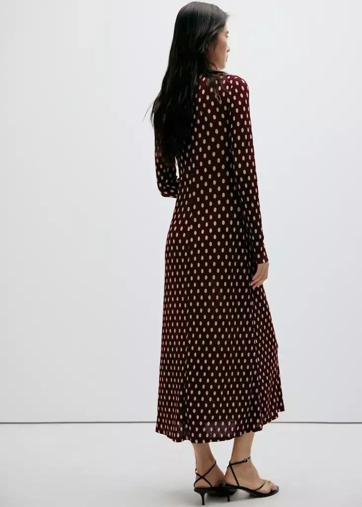 Red V-Neck Polka Dot Dress, Dark Red, medium