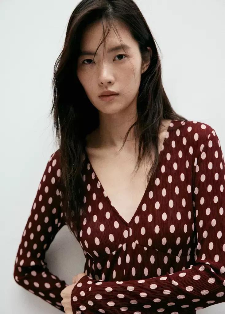 Red V-Neck Polka Dot Dress, Dark Red, large image number 3