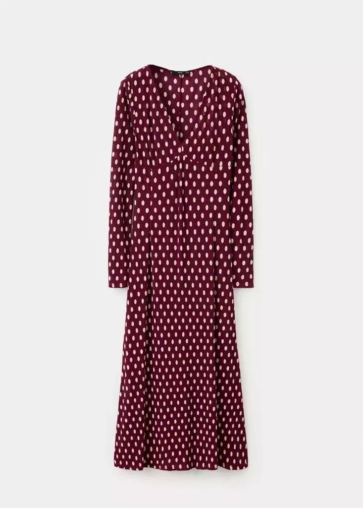 Red V-Neck Polka Dot Dress, Dark Red, large image number 4