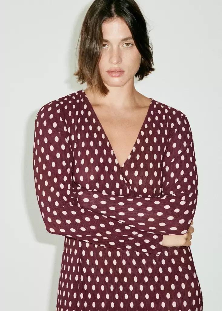 Red V-Neck Polka Dot Dress, Dark Red, large image number 7