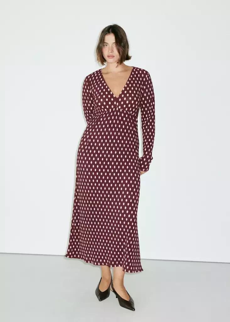 Red V-Neck Polka Dot Dress, Dark Red, large image number 8