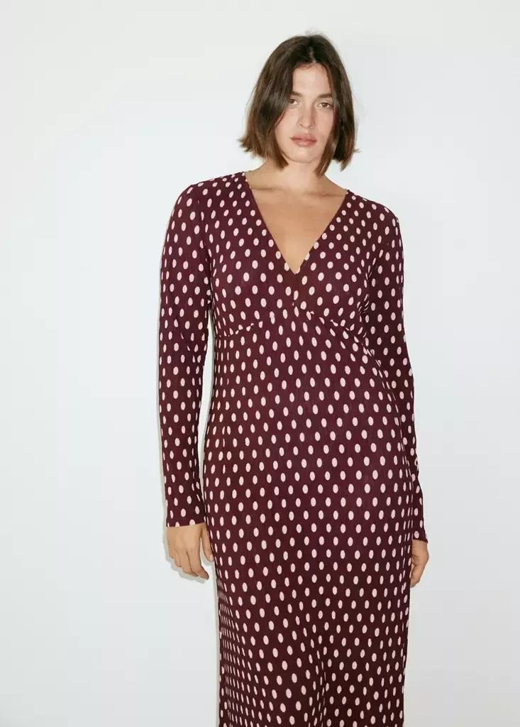 Red V-Neck Polka Dot Dress, Dark Red, large image number 9