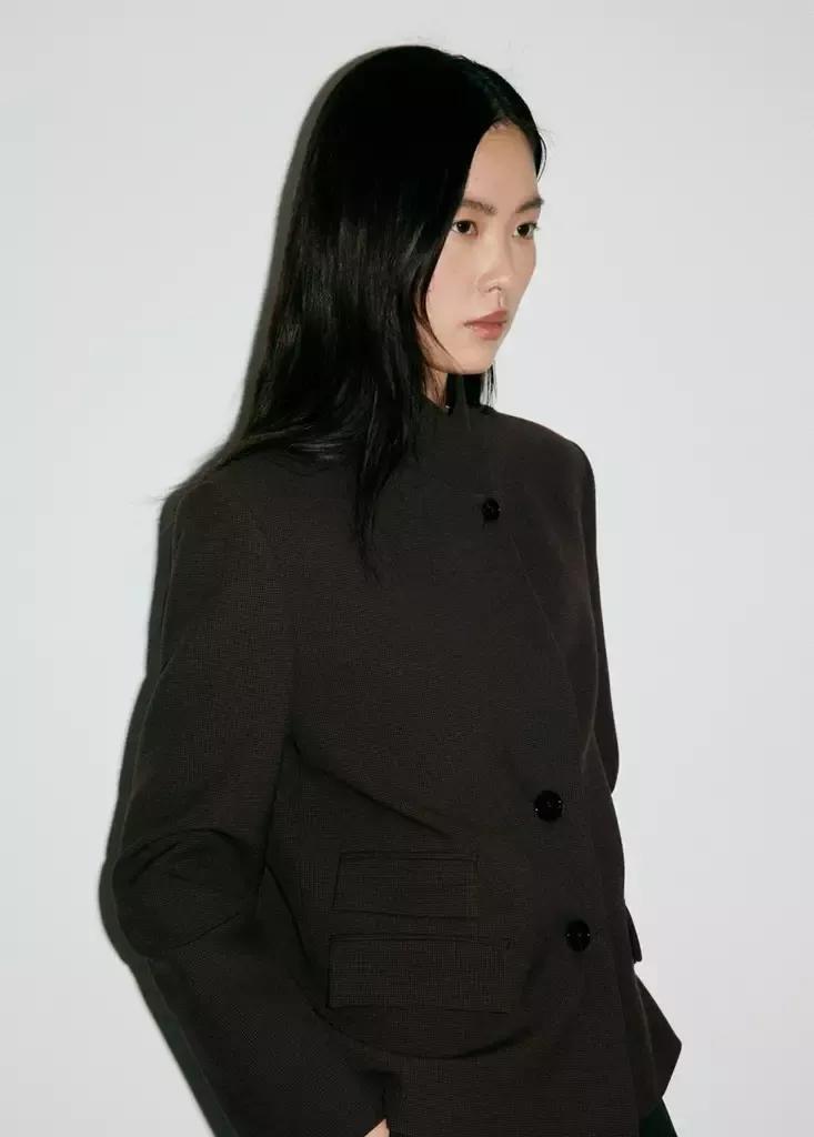 Brown Houndstooth Blazer With A High Neck, Brown, large image number 1