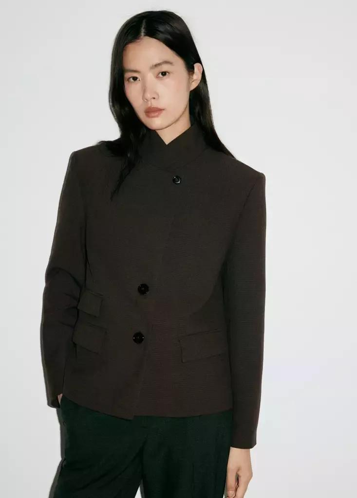 Brown Houndstooth Blazer With A High Neck, Brown, large image number 3
