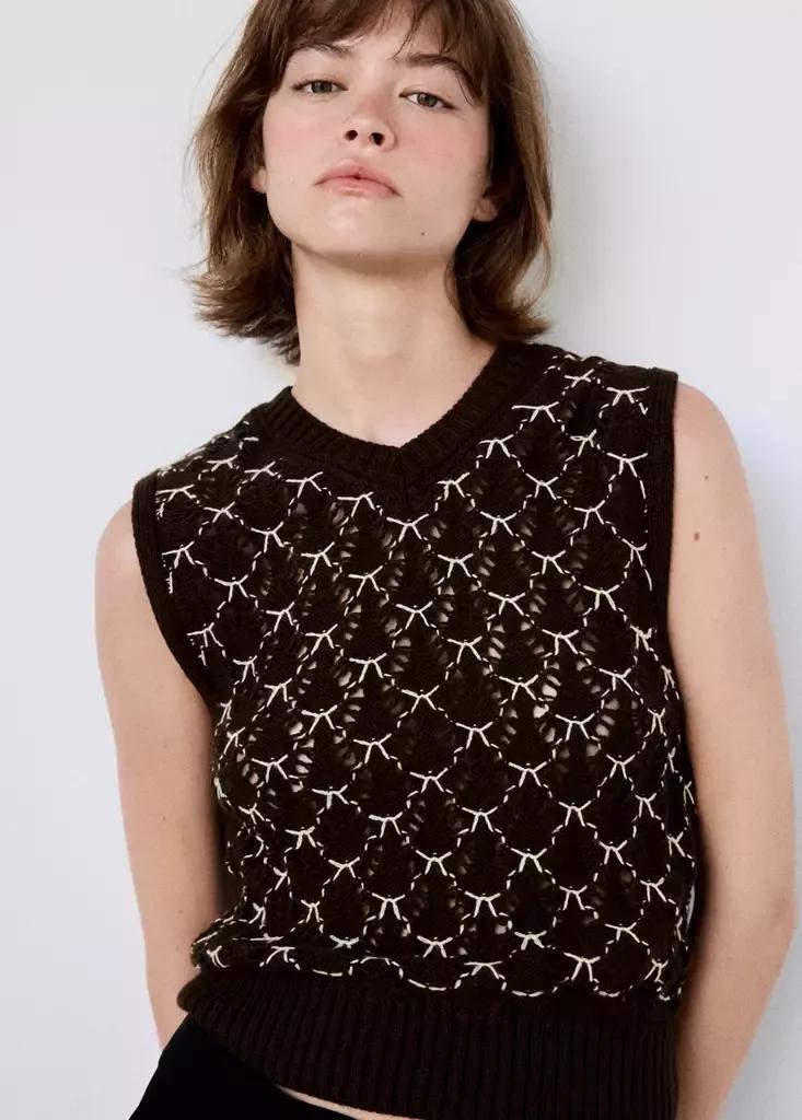 Brown Knitted Waistcoat With Contrast Detail, Brown, medium