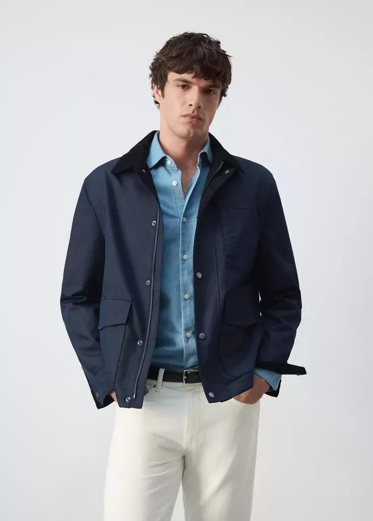 Blue Water-Repellent Cotton Blend Jacket, Dark Blue, medium