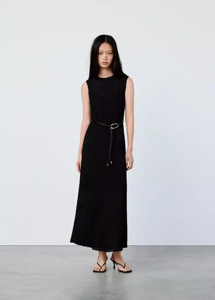 Brown Ruched Dress With Belt, Brown, medium