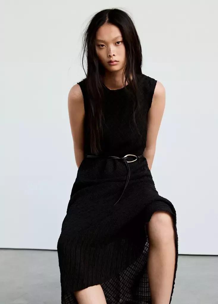 Brown Ruched Dress With Belt, Brown, large image number 1