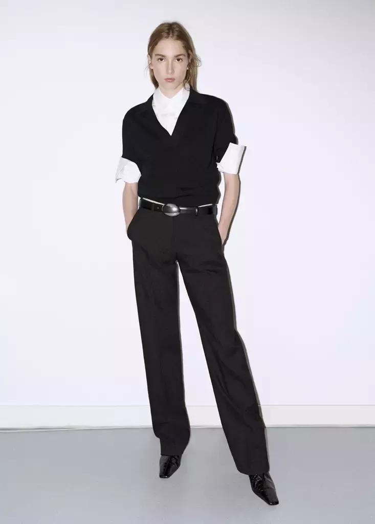 Black Polo Collar Wool Sweater, Black, large image number 0