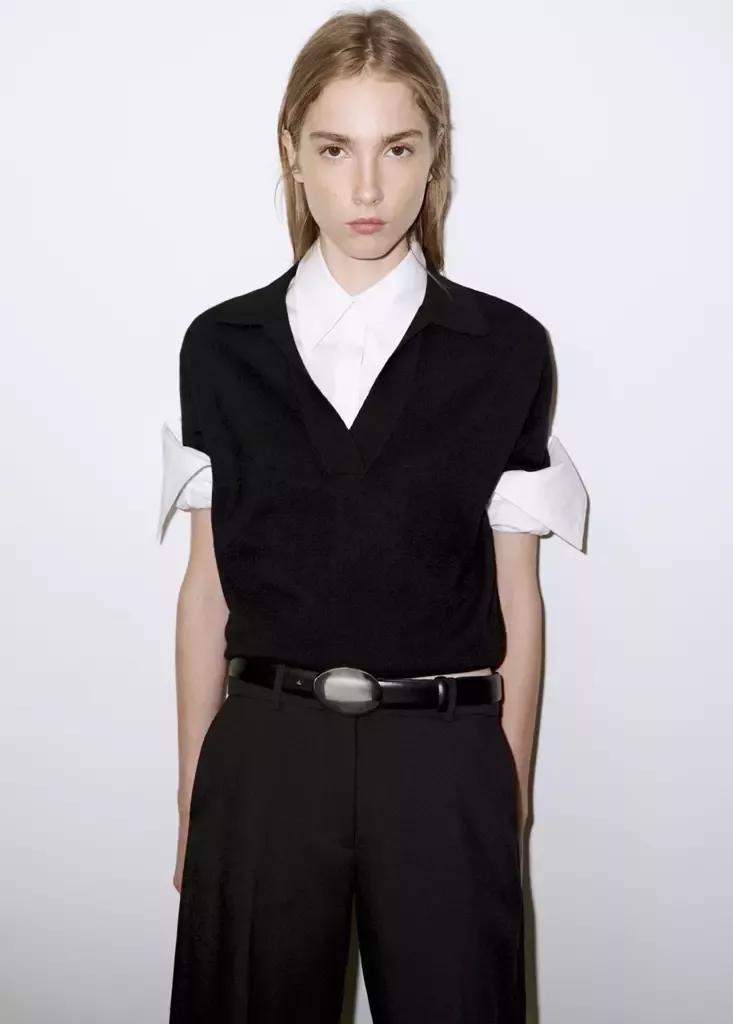 Black Polo Collar Wool Sweater, Black, medium