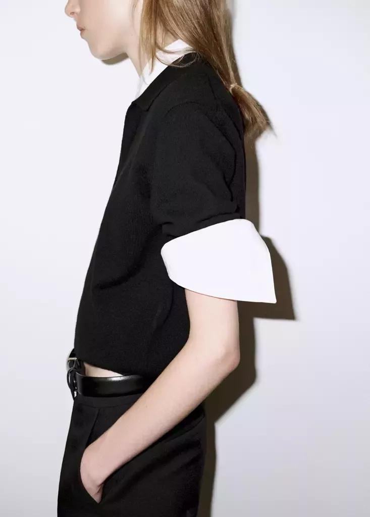 Black Polo Collar Wool Sweater, Black, large image number 3