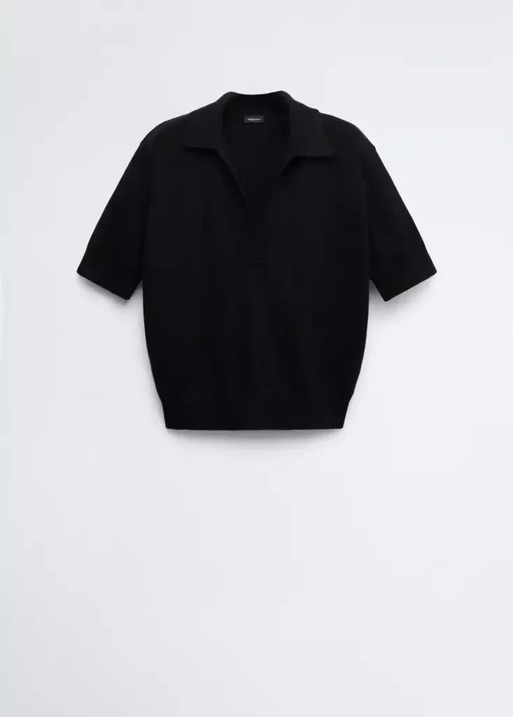 Black Polo Collar Wool Sweater, Black, large image number 4