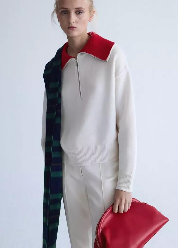 Cream Wool Sweater With Contrast Collar, Natural White, large image number 1