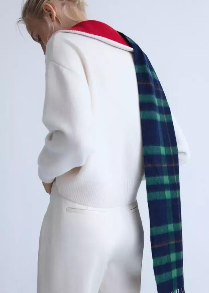 Cream Wool Sweater With Contrast Collar, Natural White, medium