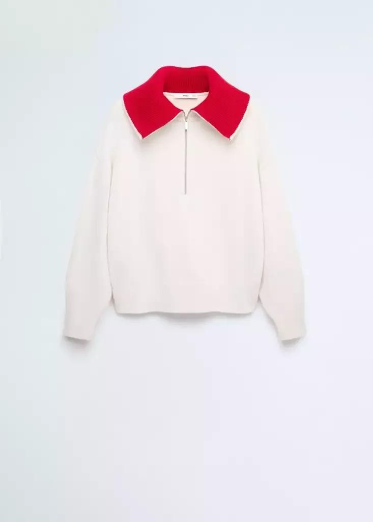 Cream Wool Sweater With Contrast Collar, Natural White, large image number 4