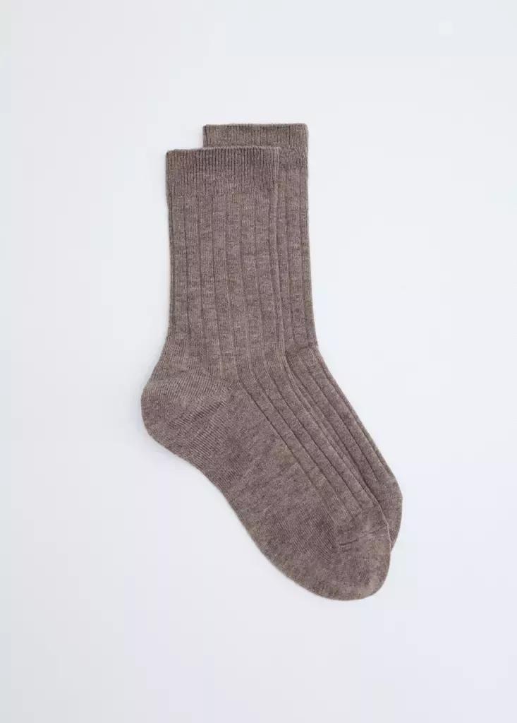 Brown Ribbed Wool Blend Socks, Medium Brown, large image number 1