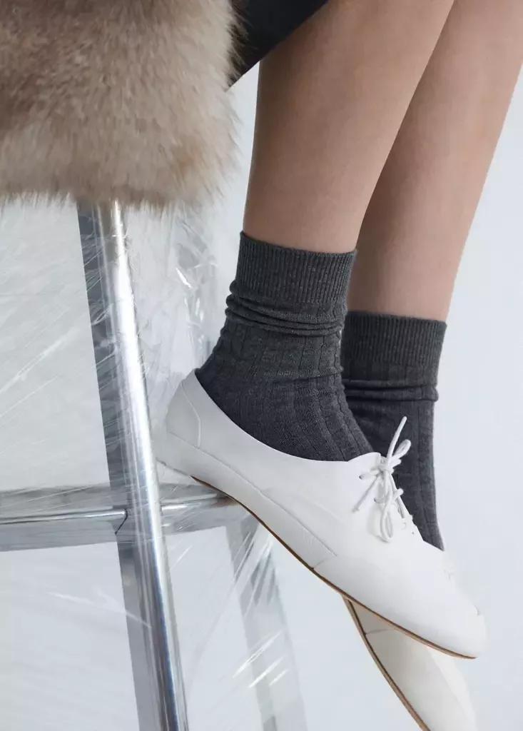 Grey Ribbed Wool Blend Socks, Dark Grey, large image number 0