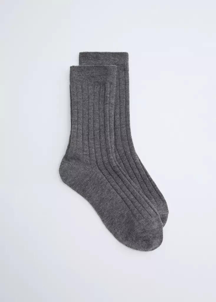 Grey Ribbed Wool Blend Socks, Dark Grey, medium
