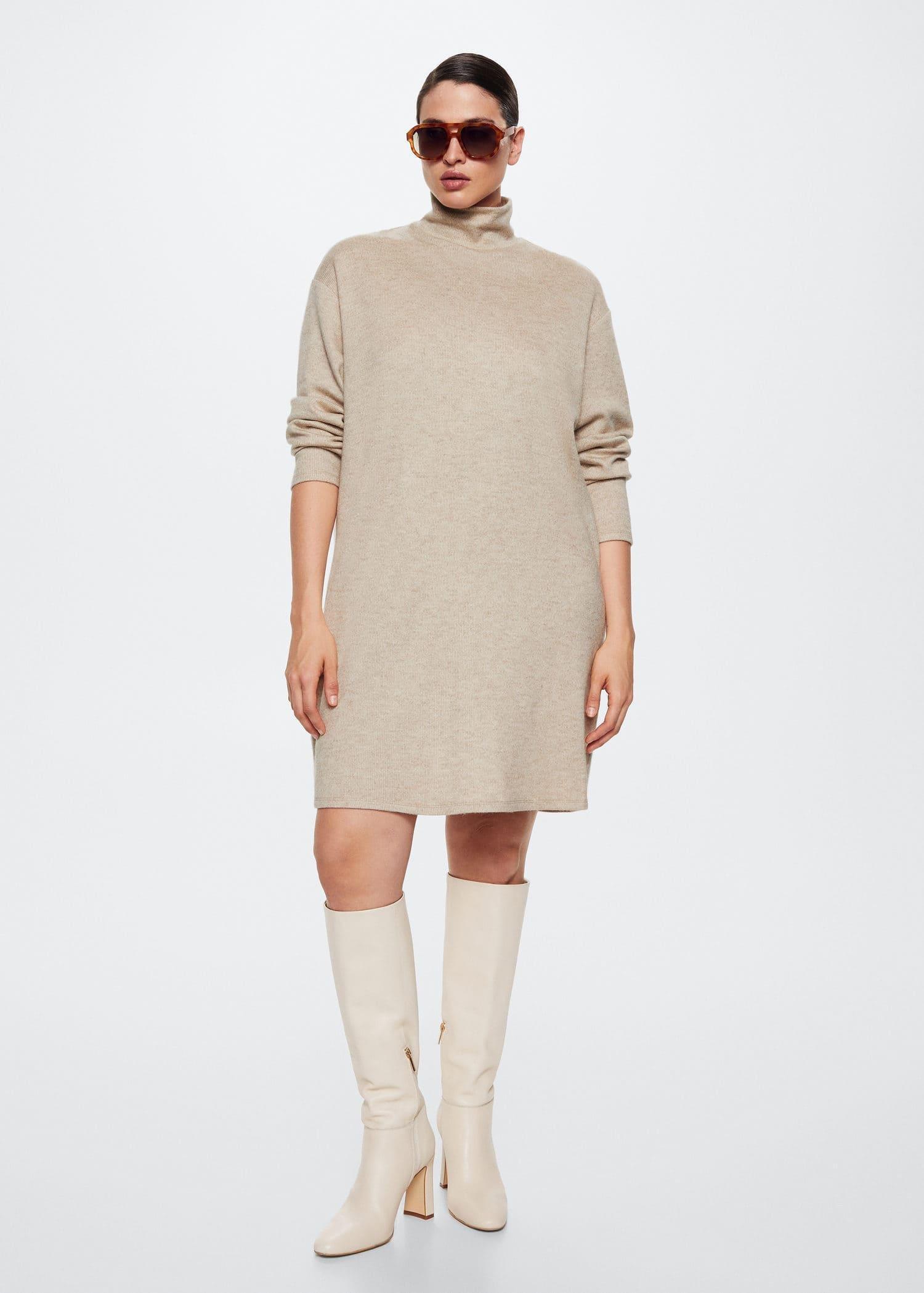 Beige Ribbed Dress Turtleneck, , large image number 0