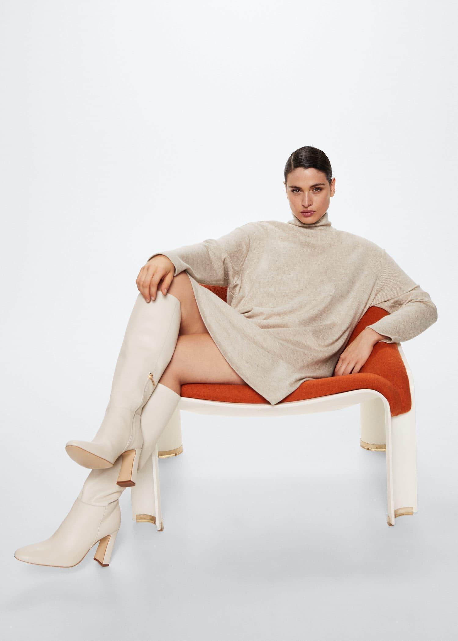 Beige Ribbed Dress Turtleneck, , large image number 1