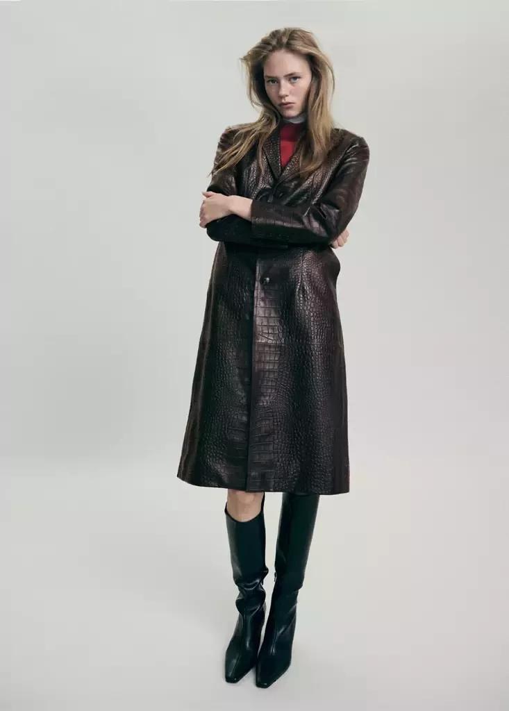 Brown Croc-Embossed Faux Fur Coat, Brown, large image number 0