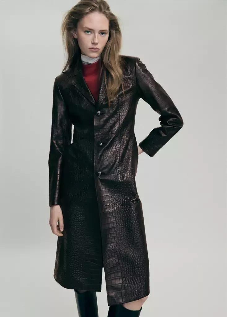 Brown Croc-Embossed Faux Fur Coat, Brown, large image number 1