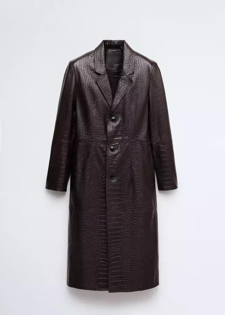 Brown Croc-Embossed Faux Fur Coat, Brown, large image number 6