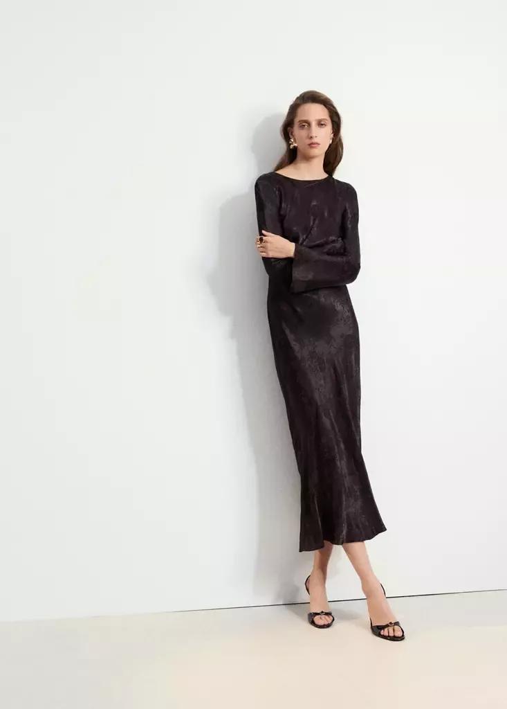 Brown Jacquard Dress With Flared Sleeves, Brown, medium