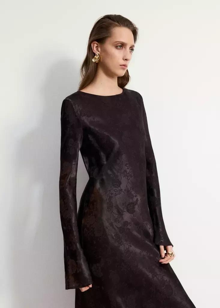 Brown Jacquard Dress With Flared Sleeves, Brown, large image number 1