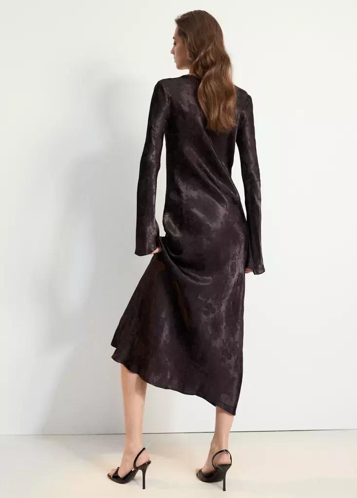 Brown Jacquard Dress With Flared Sleeves, Brown, medium