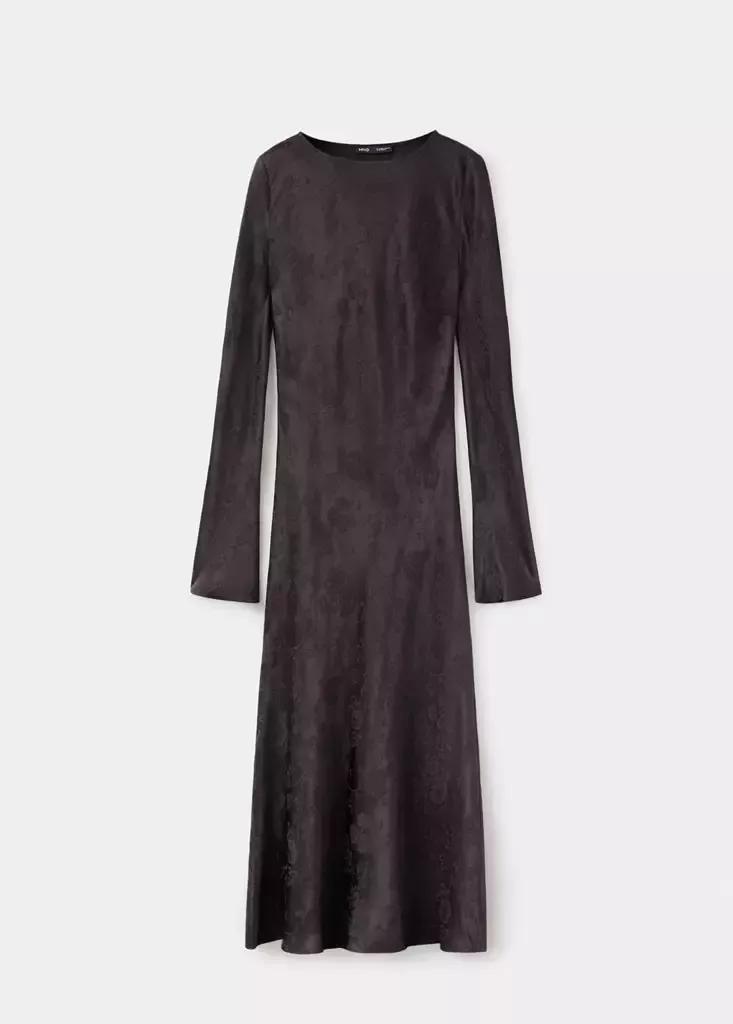 Brown Jacquard Dress With Flared Sleeves, Brown, large image number 3