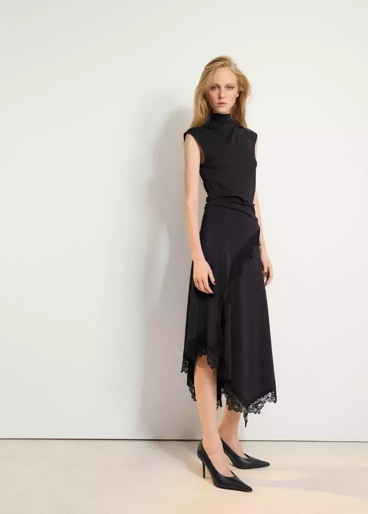 Black Asymmetric Lace Dress, Black, medium