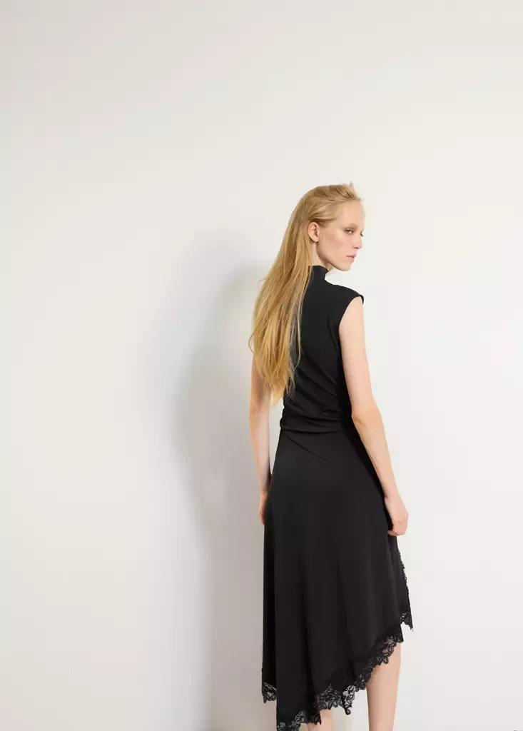 Black Asymmetric Lace Dress, Black, medium