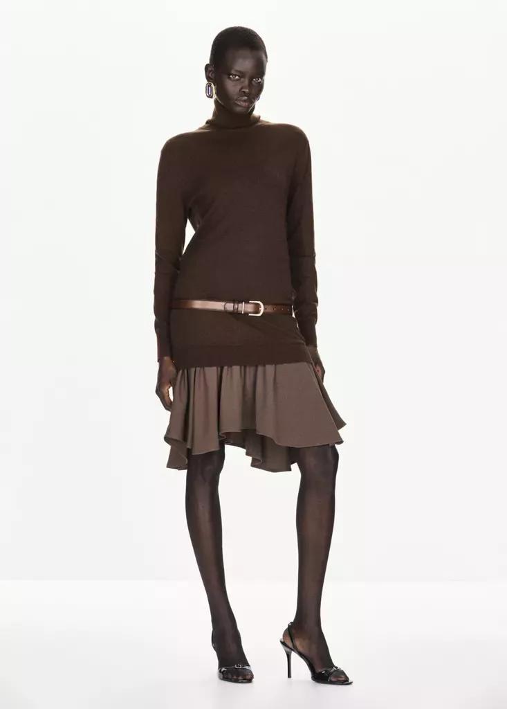 Brown Knit Combination Dress, Dark Brown, medium
