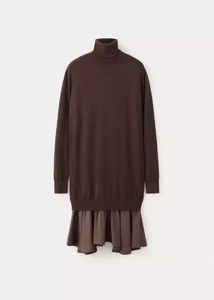 Brown Knit Combination Dress, Dark Brown, large image number 5