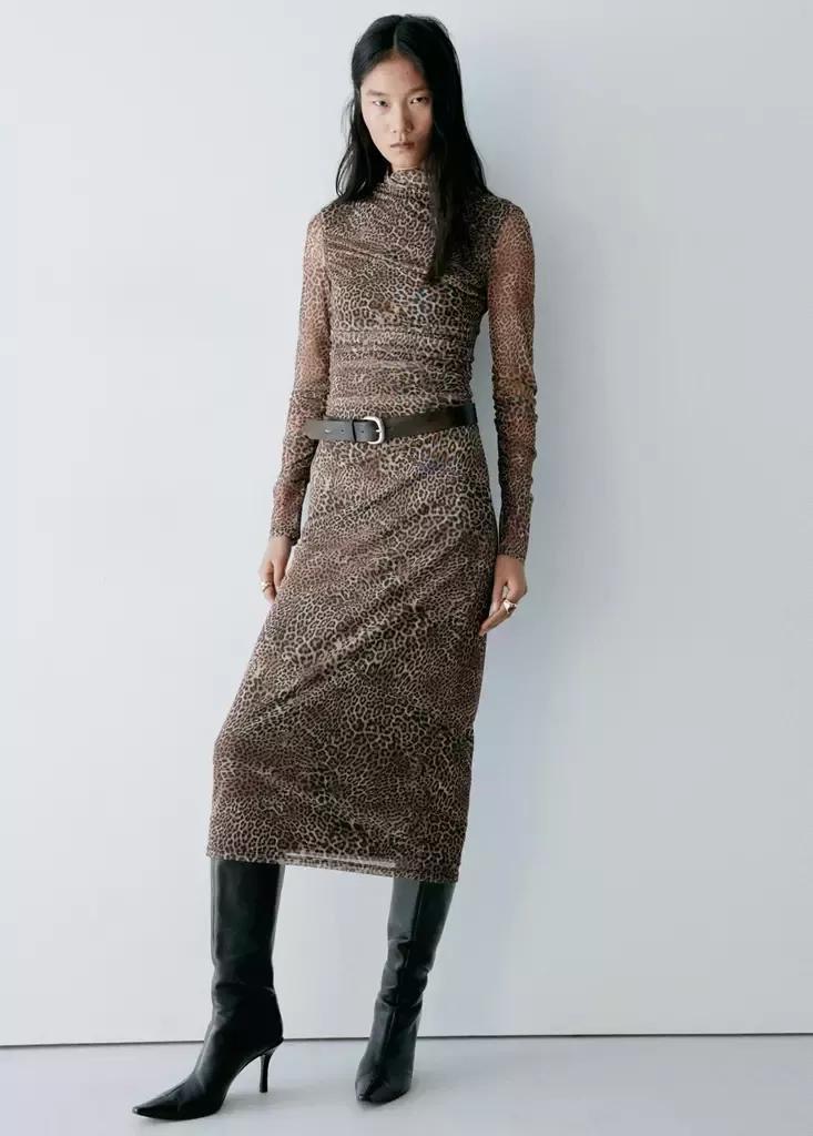 Brown Animal Print Ruched Dress, Brown, medium