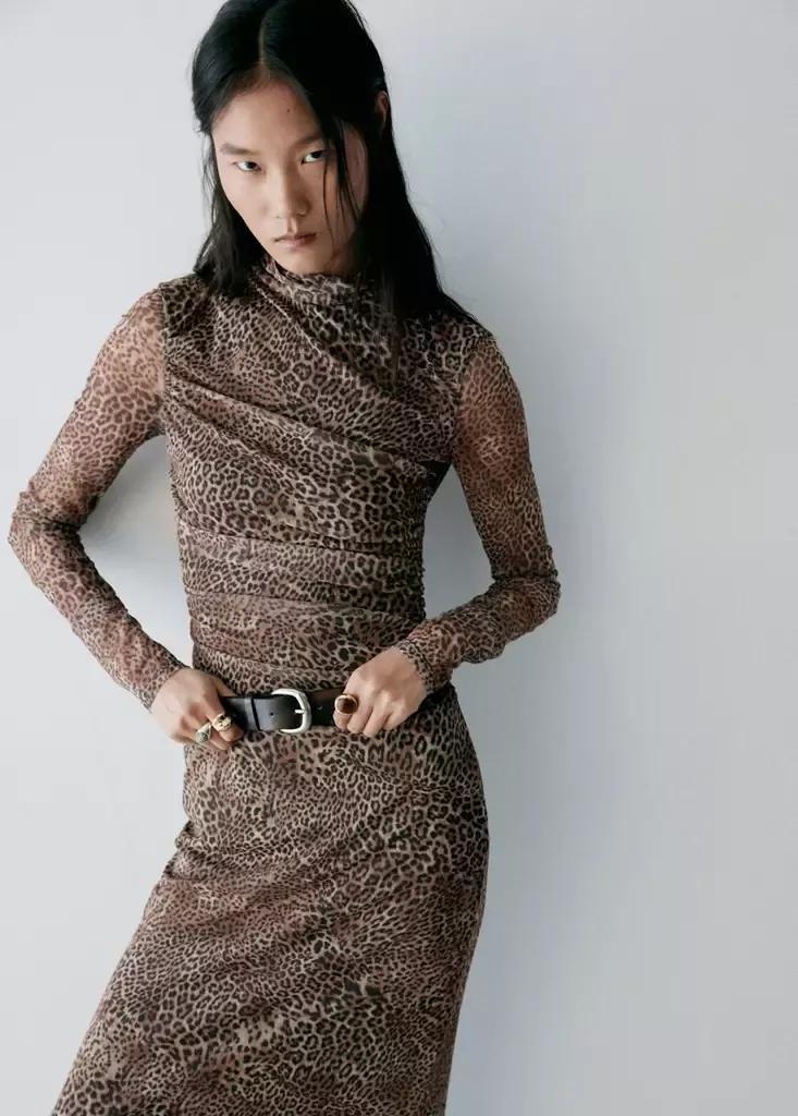 Brown Animal Print Ruched Dress, Brown, medium