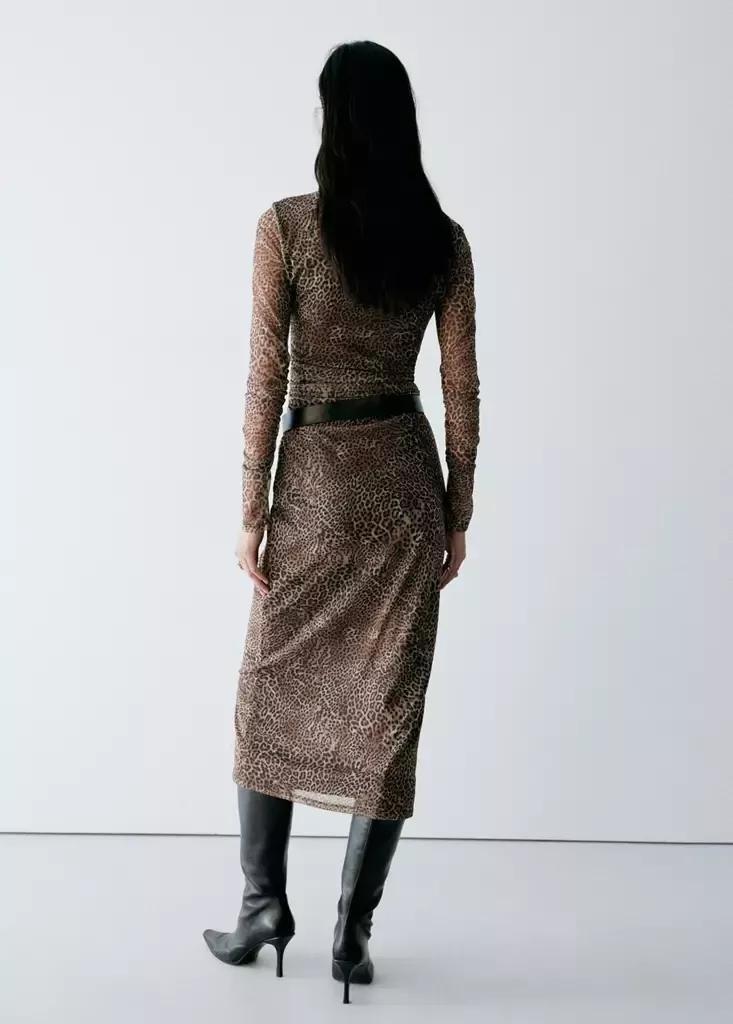 Brown Animal Print Ruched Dress, Brown, large image number 2
