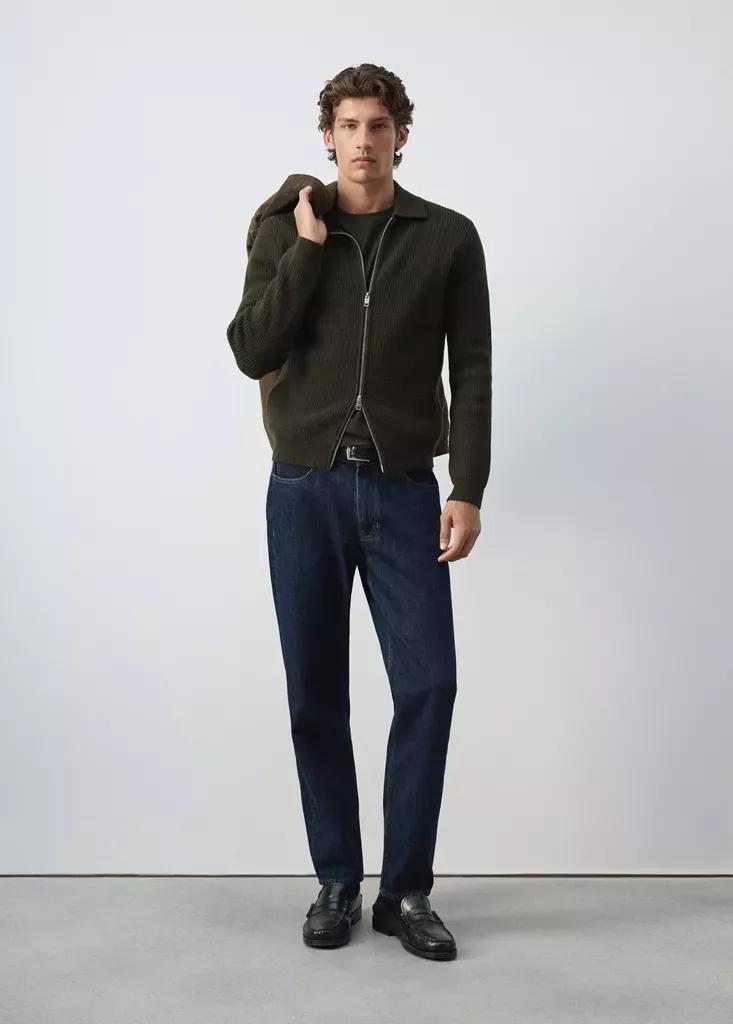 Khaki Wool-Blend Ribbed Cardigan, Beige - Khaki, medium