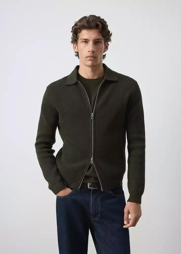 Khaki Wool-Blend Ribbed Cardigan, Beige - Khaki, large image number 1