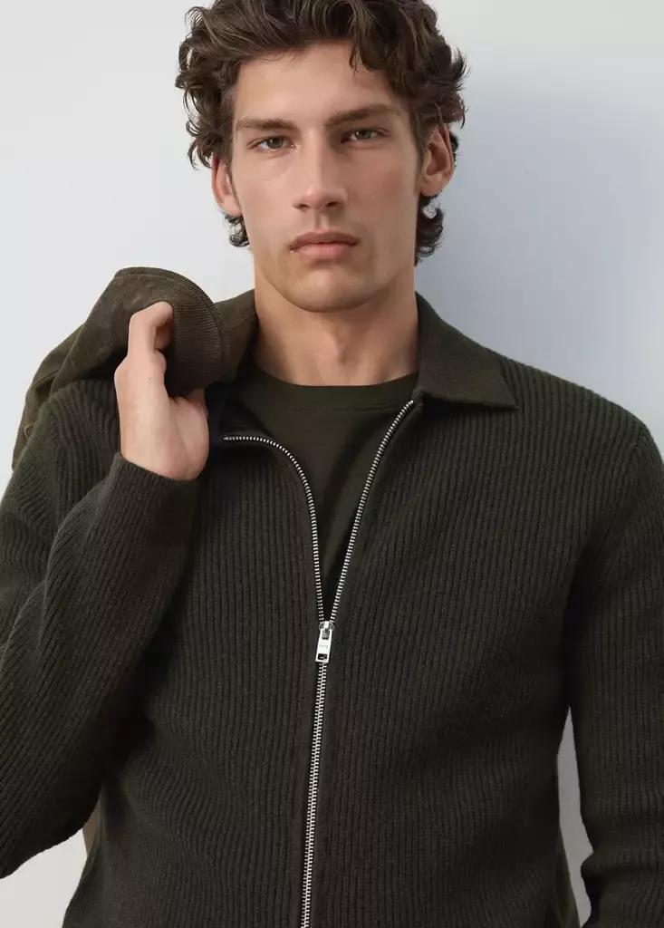 Khaki Wool-Blend Ribbed Cardigan, Beige - Khaki, large image number 3